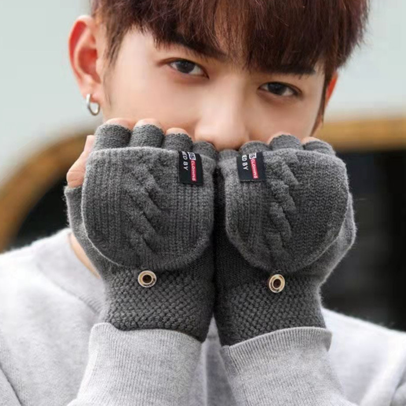 Gloves Men Winter Warm Cold-Proof Driving Cycling Finger-Exposed Flip-Top Gloves Knitted Yarn Half-Finger Gloves