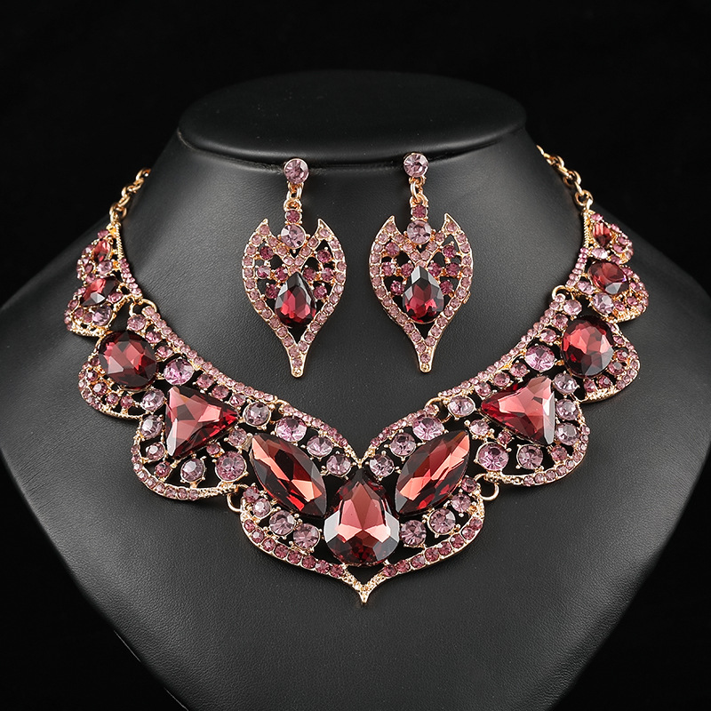 Exaggerated Bride Accessories Necklace Earring Set Wedding Dress Banquet Artificial Gemstone