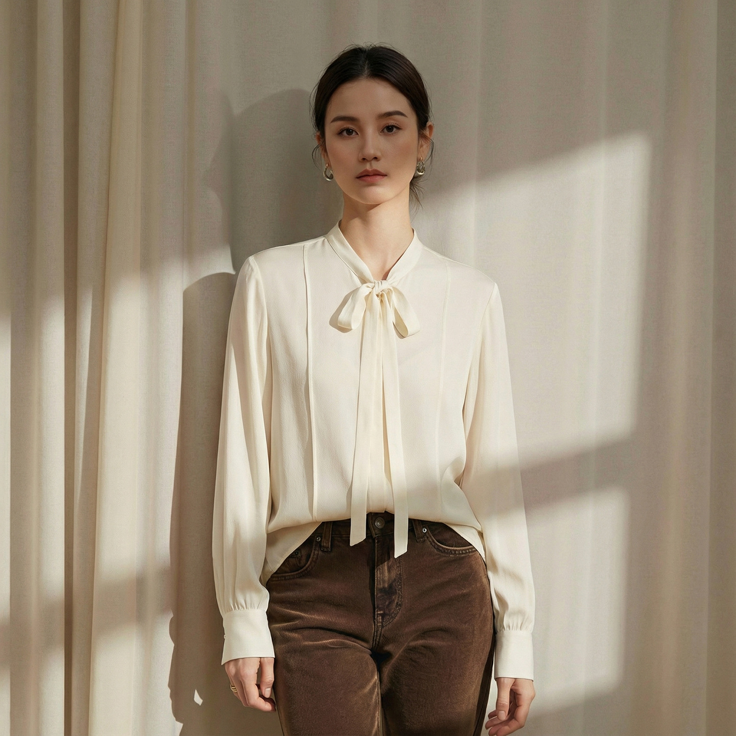 Spring New Heavyweight Silk Tie Blouse for Women Mulberry Silk Chanel Style Inner Wear Long Sleeve Commute Top