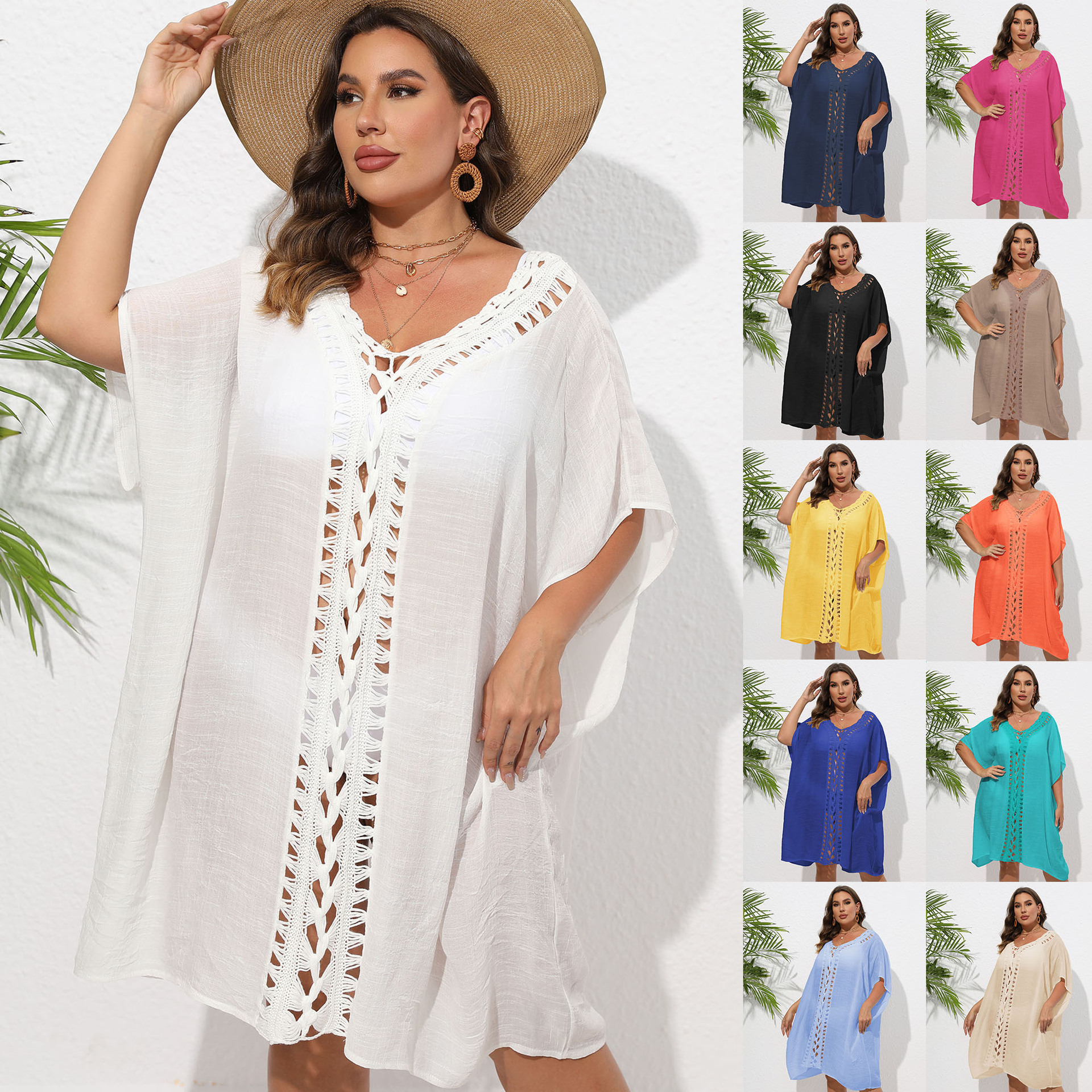 Women's Dress Plus Size Hand-Crocheted Lace-Up Loose Beach Bikini Outer Cover-Up