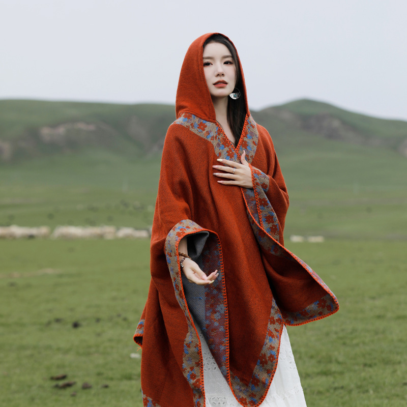 Xinjiang Tibet Travel Photo Ethnic Style Shawl Grassland Hooded Scarf Cape Yunnan Outer Cardigan Cape Women