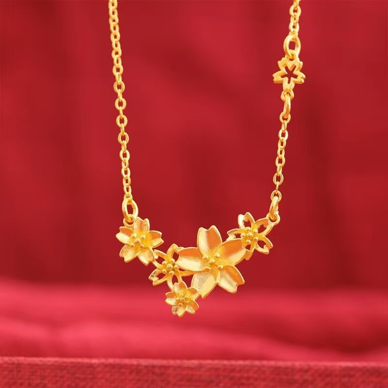 Sand gold new Chinese style three-life flower set chain gold-plated sense of flowers collarbone necklace wedding flower necklace