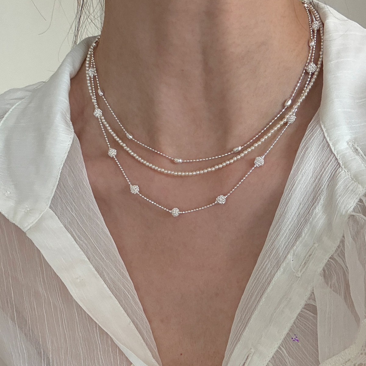 Moonlight three layers multi-layer stacking pearl ball necklace gentle wind锁骨 chain