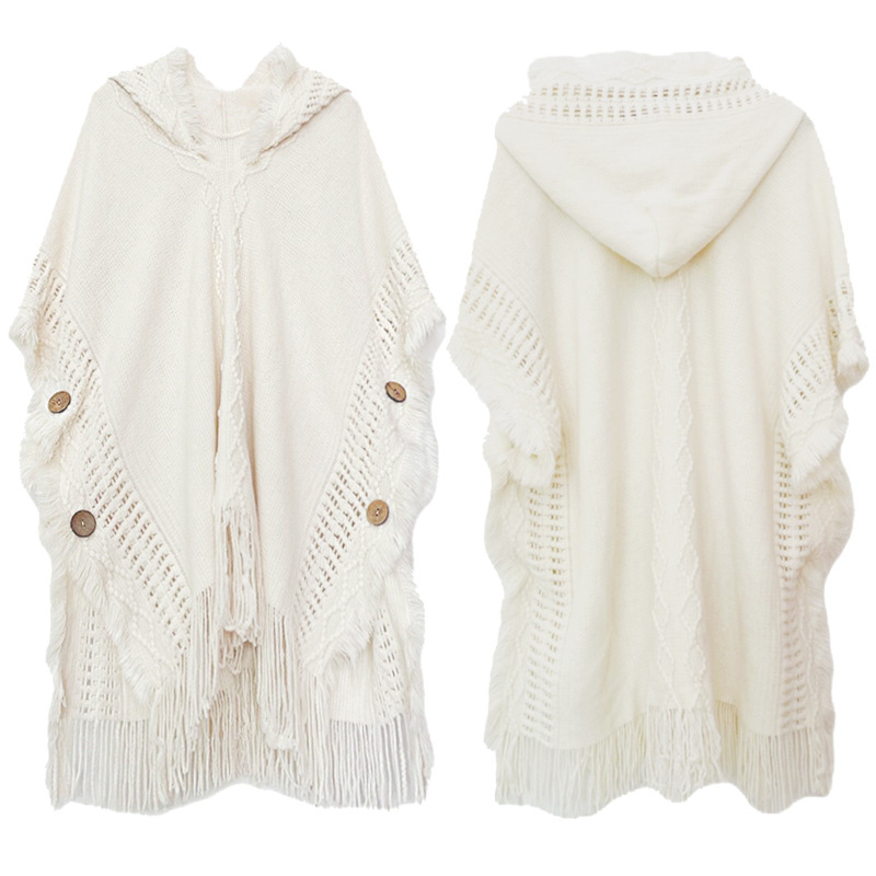 Button Shawl Bohemian Fringe Sweater Knit Top Yunnan Qinghai Travel Pullover Hooded Cape Spring Autumn Women