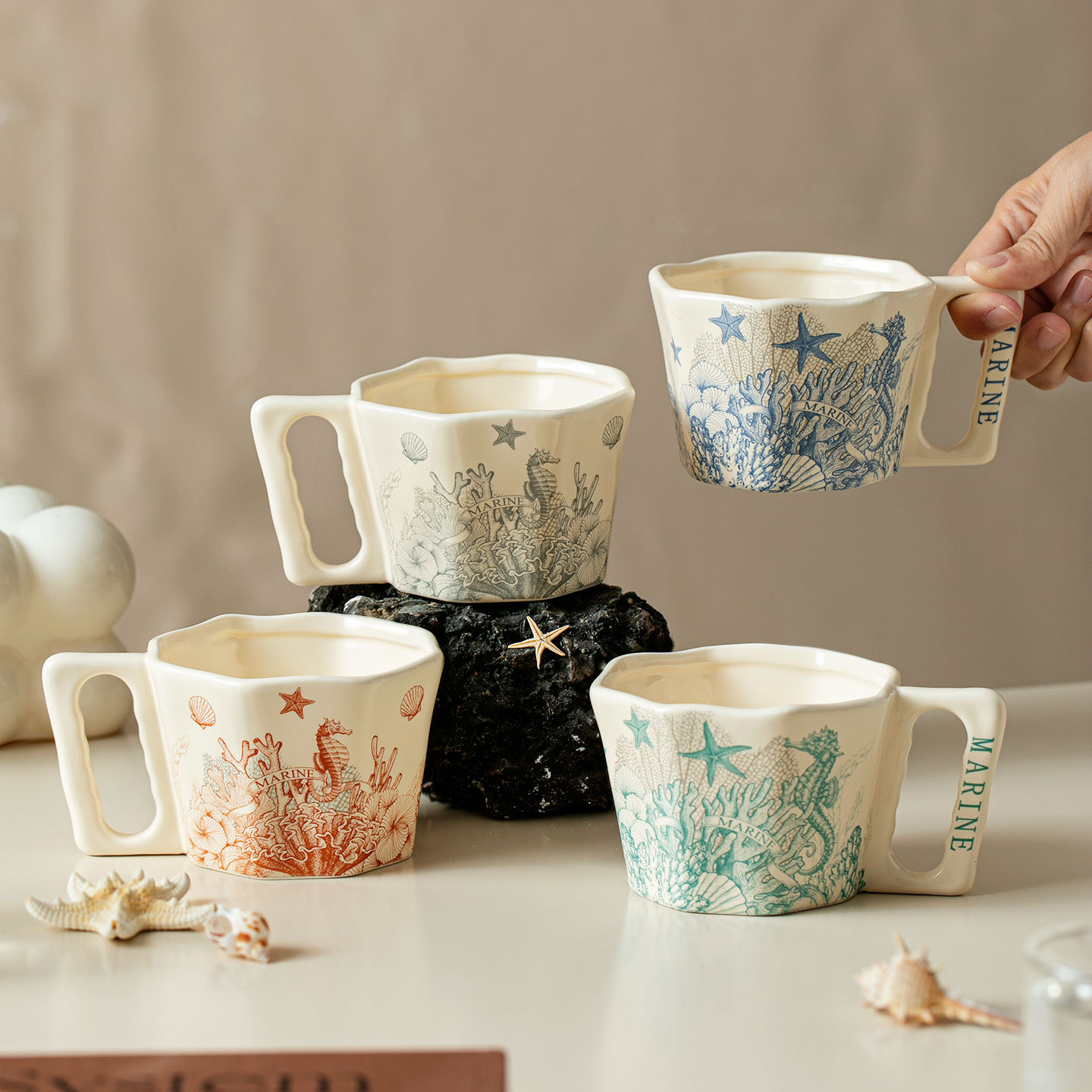Oil painting ocean starfish ceramic coffee cup saucer home use water cup yogurt oatmeal cup