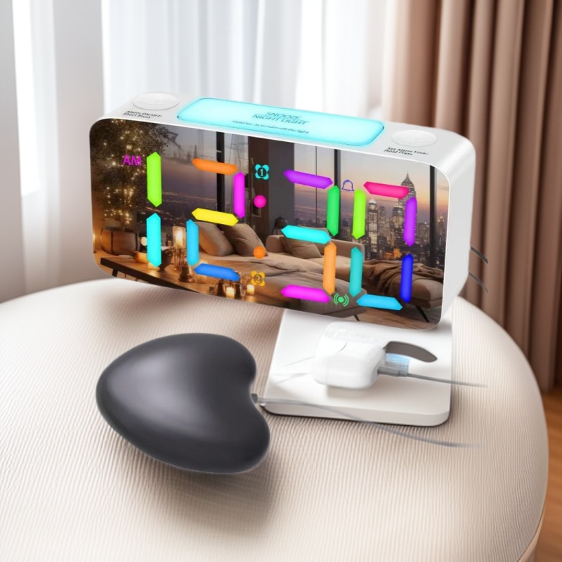 Heart-shaped RGB mirror vibration LED alarm clock 15 color screen large sound large character large screen blind clock 30 minutes