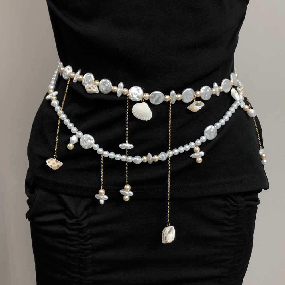 Beach Sand Pearl Shell Conch Tassel Double Layer Waist Chain Casual Vacation Style Small Waist Belt Decoration Women