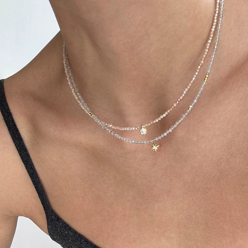 Champagne zirconia moissanite bead necklace women's summer niche star early spring accessories collarbone chain