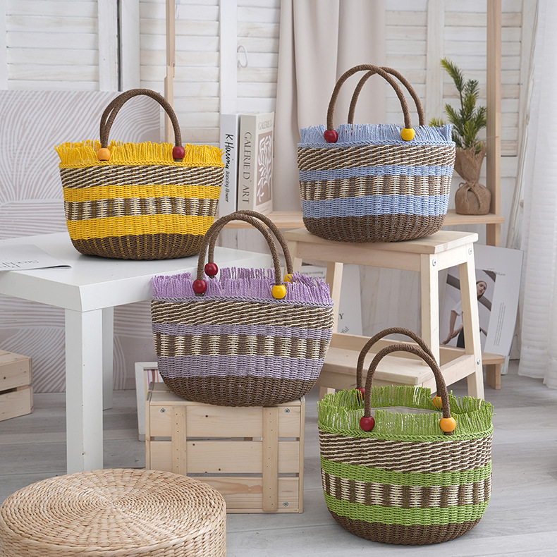 Rural vacation style beach bag, basket handbag, wooden bead straw woven bag, new twill woven bag, multiple colors