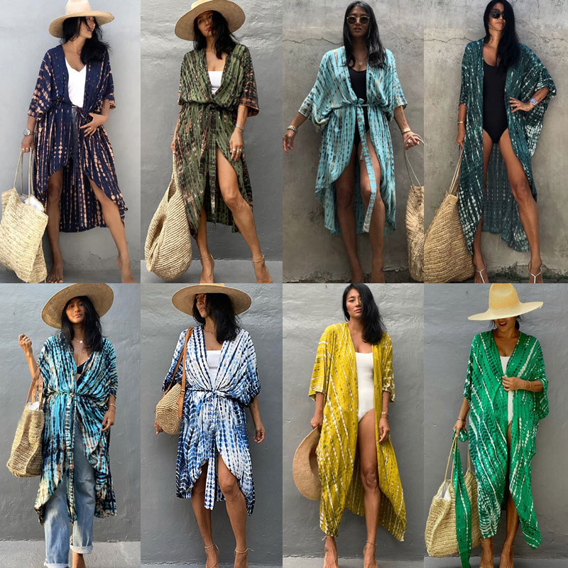 Rayon Black and White Tie Dye Cardigan Beach Dress Bikini Cover Up Swimsuit Outer Cardigan Sun Protection Vacation Dress