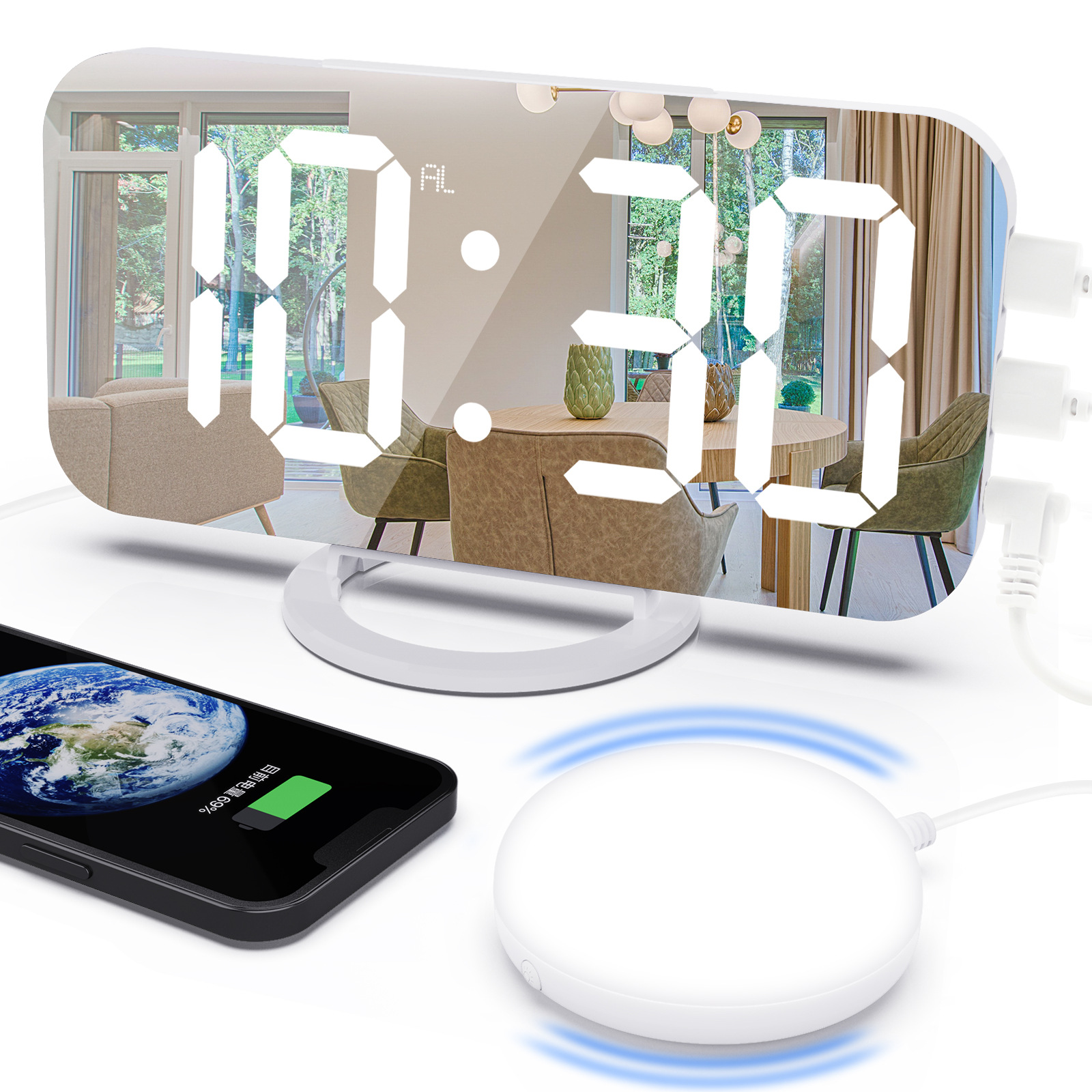 New small night light vibrator snooze alarm clock LED mirror electronic clock mirror clock with USB charging
