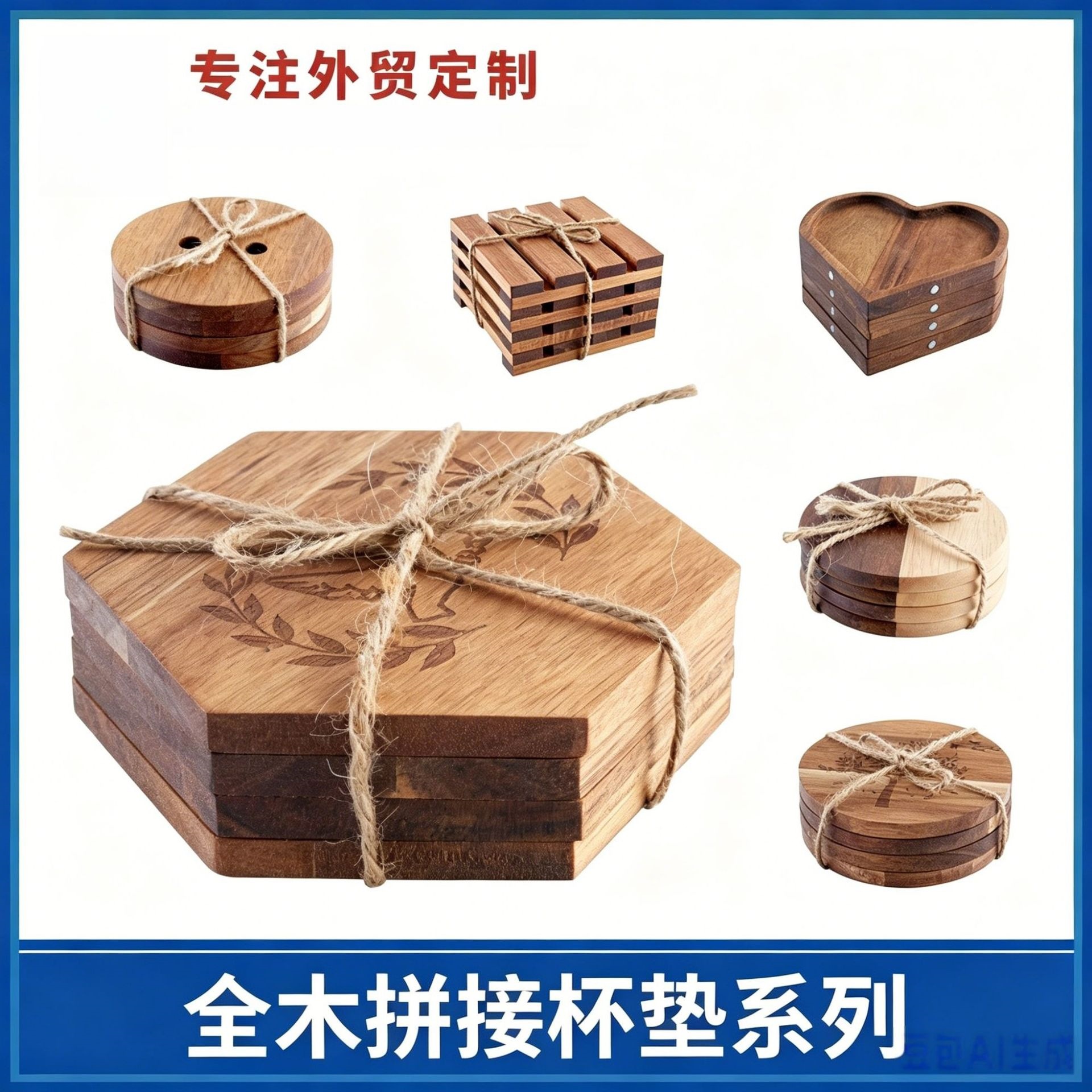 Wooden coaster four-piece set commercial acacia wood black walnut splicing laser carving round irregular heat insulation coaster