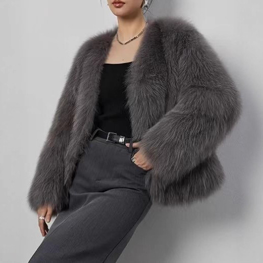 Fur V-neck artificial jacket short fox fur fluffy plush women's clothing eco-friendly fur