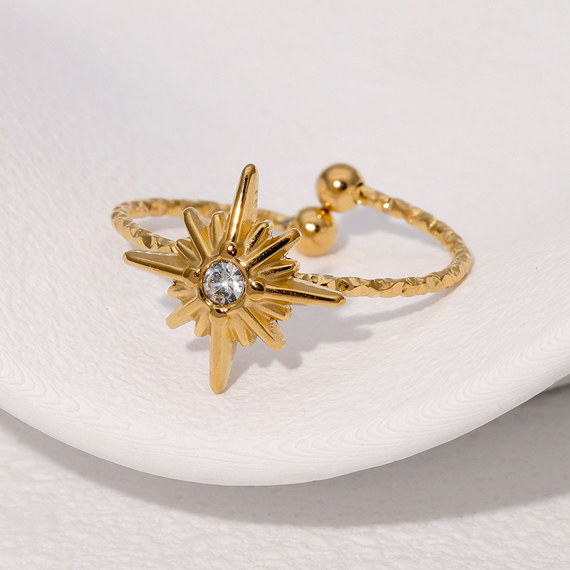 Diamond-set eight-pointed star simple star stainless steel open ring