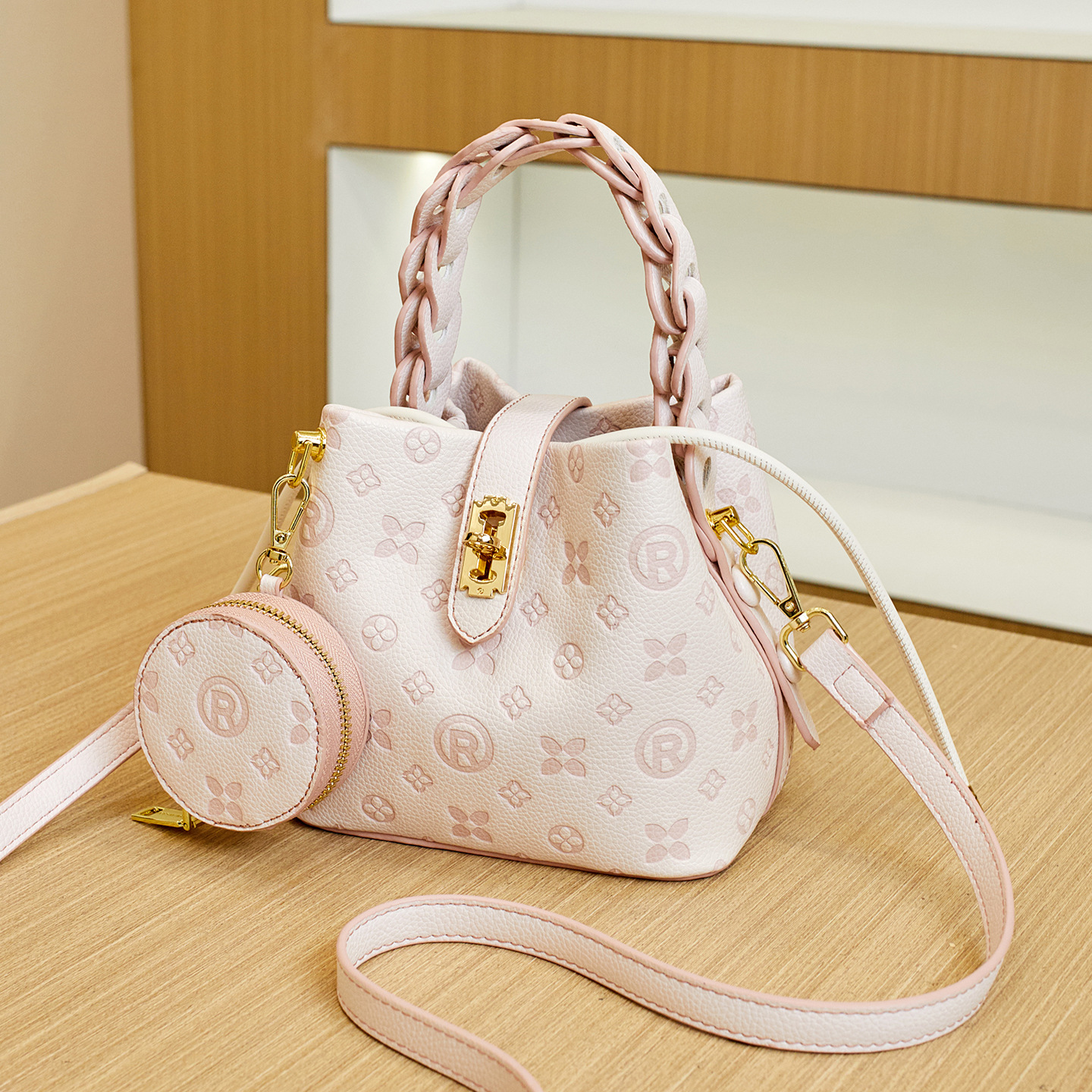 Pink large capacity basket bag 2026 new embossed bucket tote bag crossbody style
