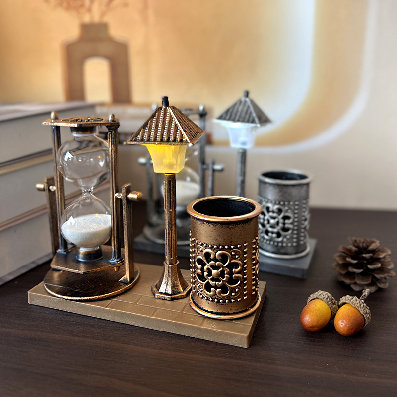 Antique Flowing Sand Street Lamp Pen Holder Student Gift White Sand Hourglass Color-Changing Night Light Ornament