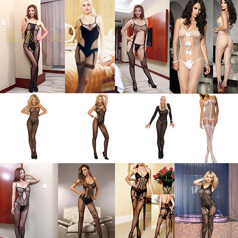 Sexy underwear mesh top women open-crotch stockings sexy long-sleeve transparent see-through no-remove bodysuit stockings set