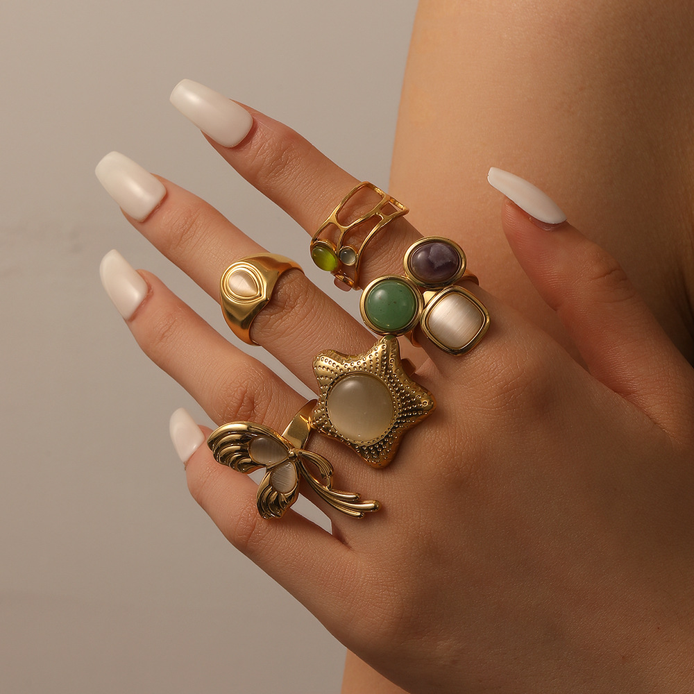 Exaggerated stainless steel ring women cat eye stone niche 18k gold finger ring rings