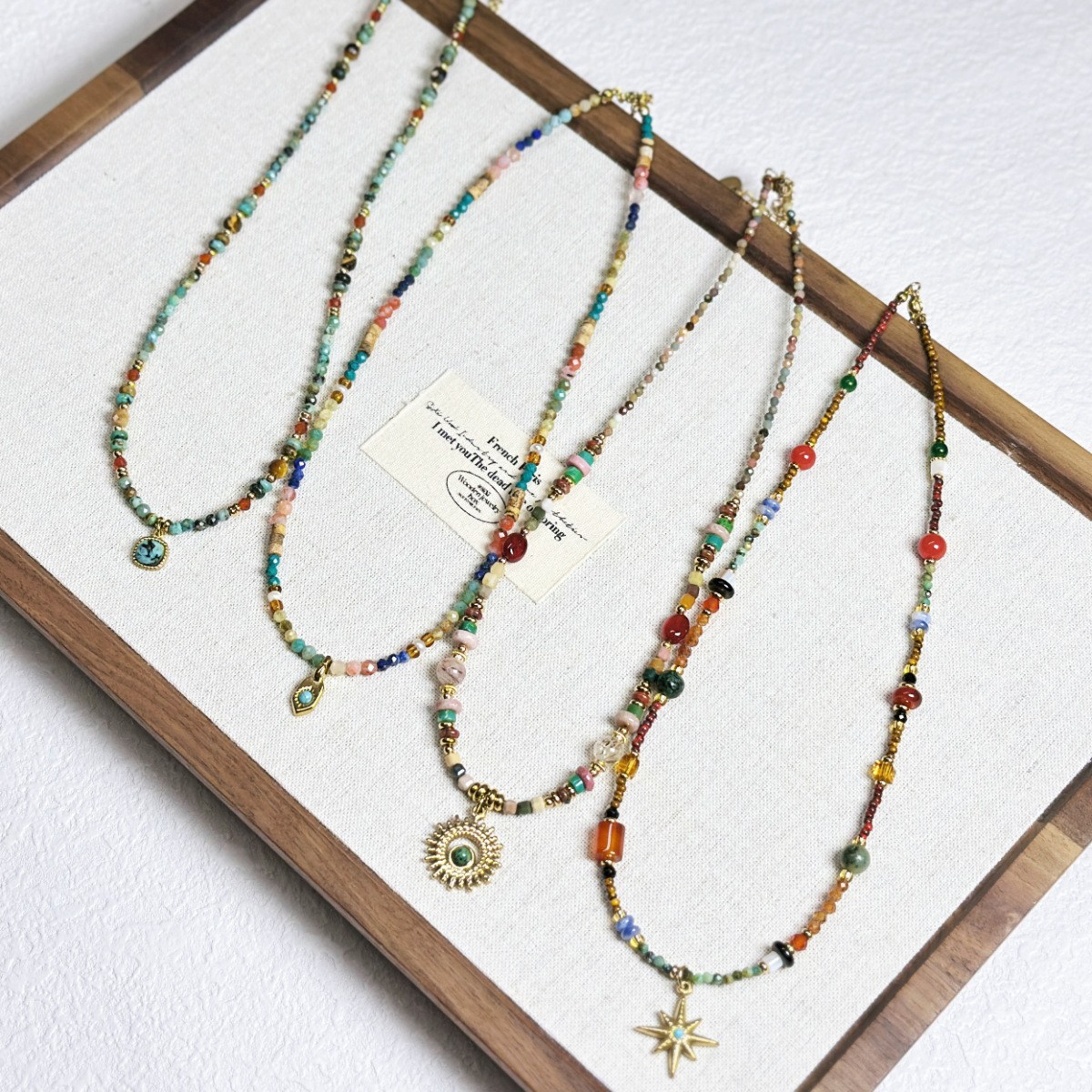 New Ethnic Contrast Color Natural Stone Beaded Necklace Small Geometric Pendant Collarbone Chain Sweater Chain