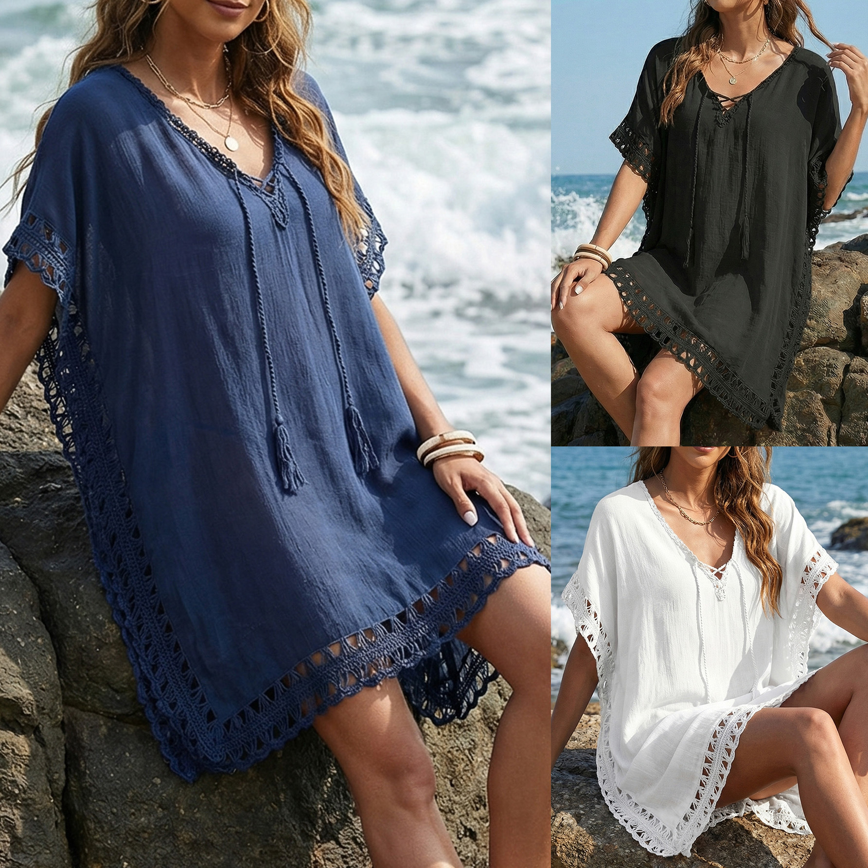 Women's Dress Beach Dress Hand-Crocheted Lace-Up Loose Beach Bikini Cover-Up