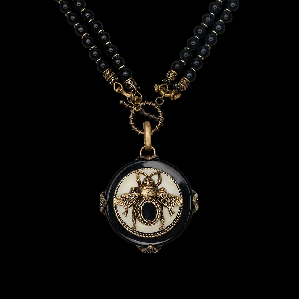 European Series Two Ways to Wear Insect Design Bee Necklace Natural Black Agate Beaded Necklace