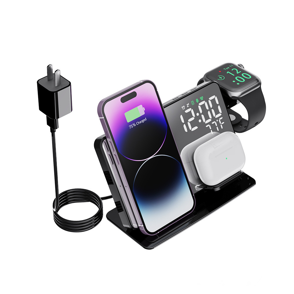 2024 15W 4-in-1 Wireless Charger with Clock LED Digital Alarm Clock Temperature Display Stand Wireless Charger