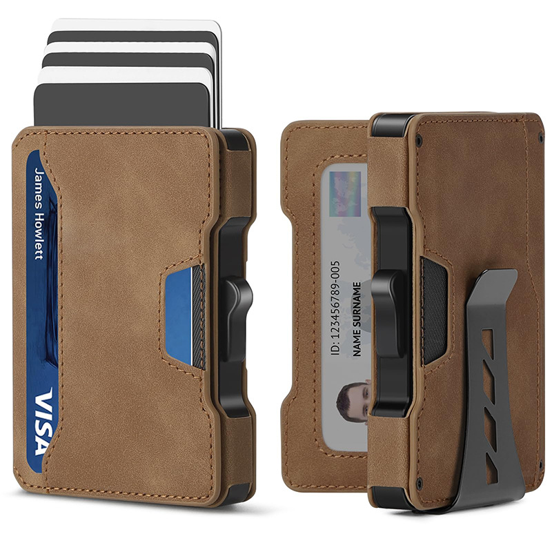 One-click Pop-up Metal Card Holder Multi-card Slot Men's Genuine Leather Wallet with RFID Anti-theft Function