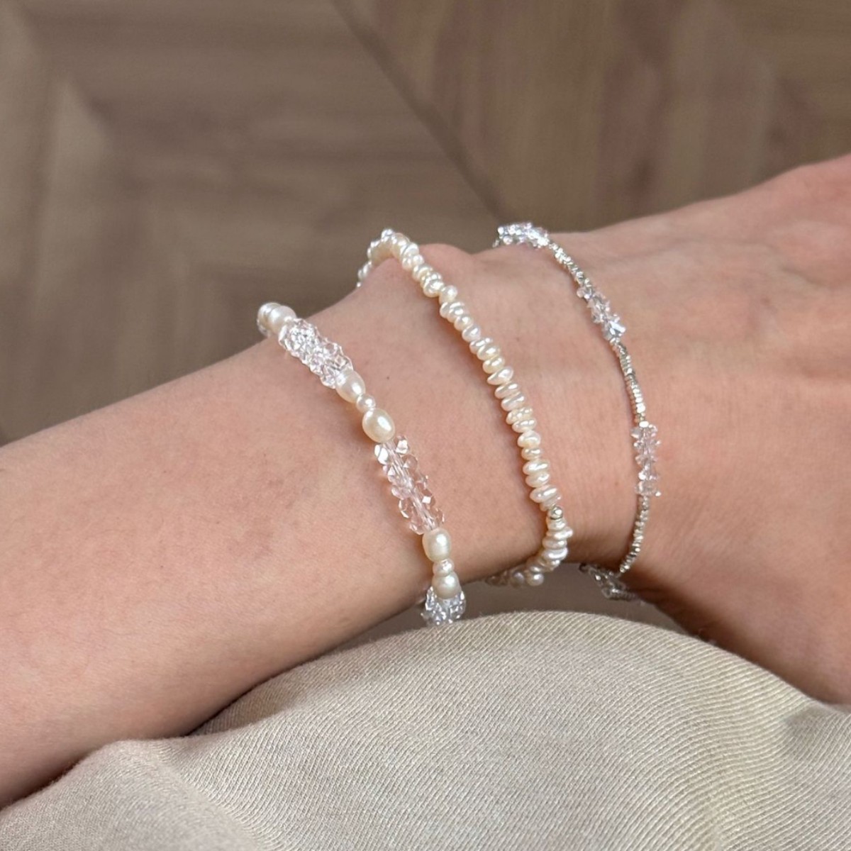 Cool feeling summer natural freshwater pearl flash spirit cut white crystal all solid silver crushed silver bracelet for women