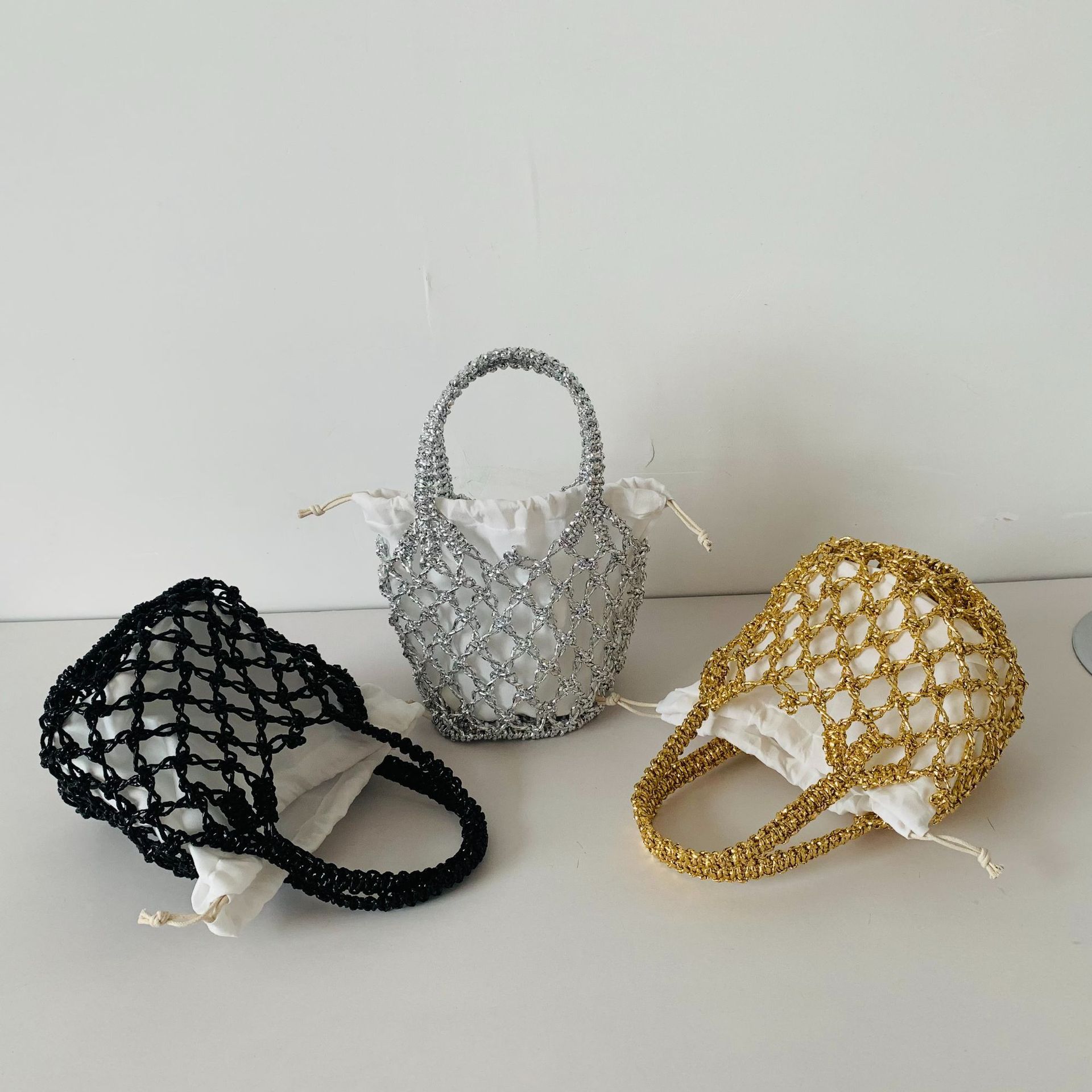 Gold and silver thread hollow mesh women's woven bag, forest style handbag, beach bag, hollow woven handbag