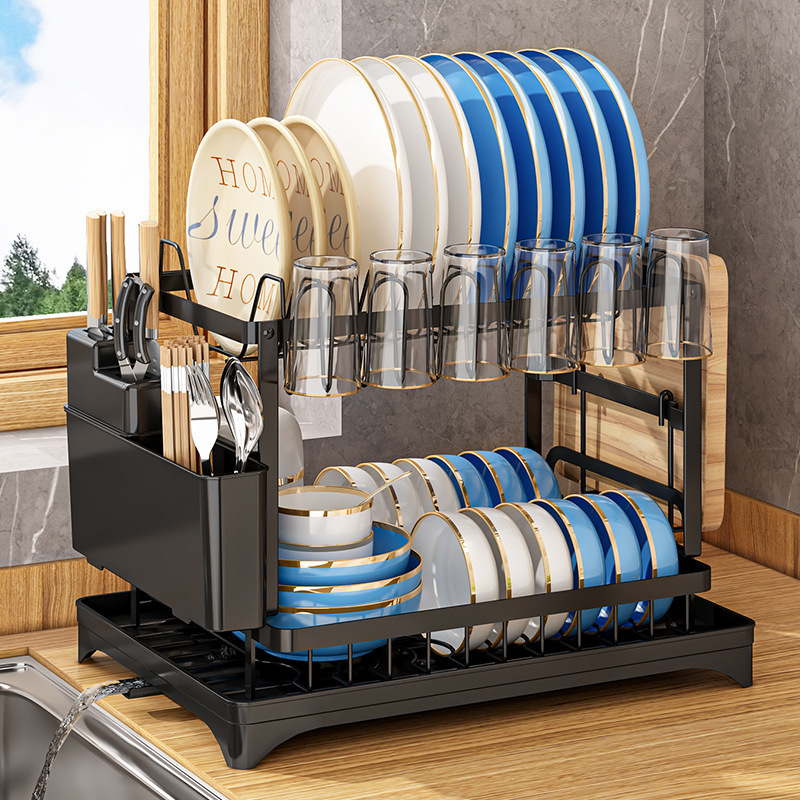 Kitchen dish rack drain rack storage rack countertop bowl plate chopstick storage rack with cup holder dish rack