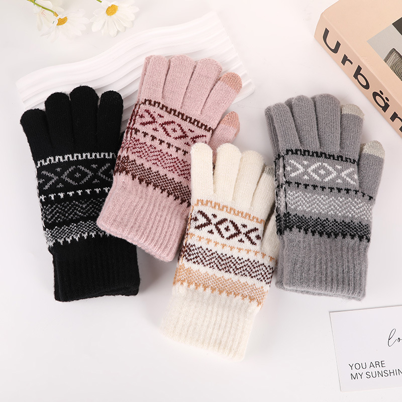 Knitted Jacquard Touch Screen Warm Gloves Women Autumn Winter Men Outdoor Fleece-Lined Thick Anti-Cold Full-Finger Knitted Gloves