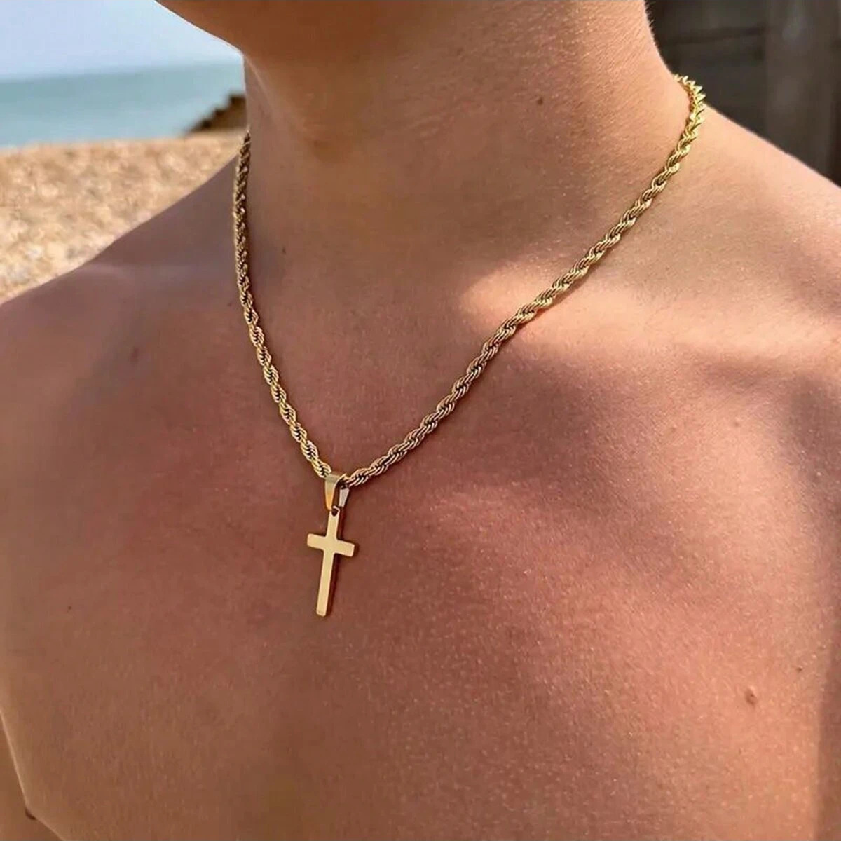 Stainless steel 18K gold-plated men's twisted chain hip-hop cross pendant men's necklace