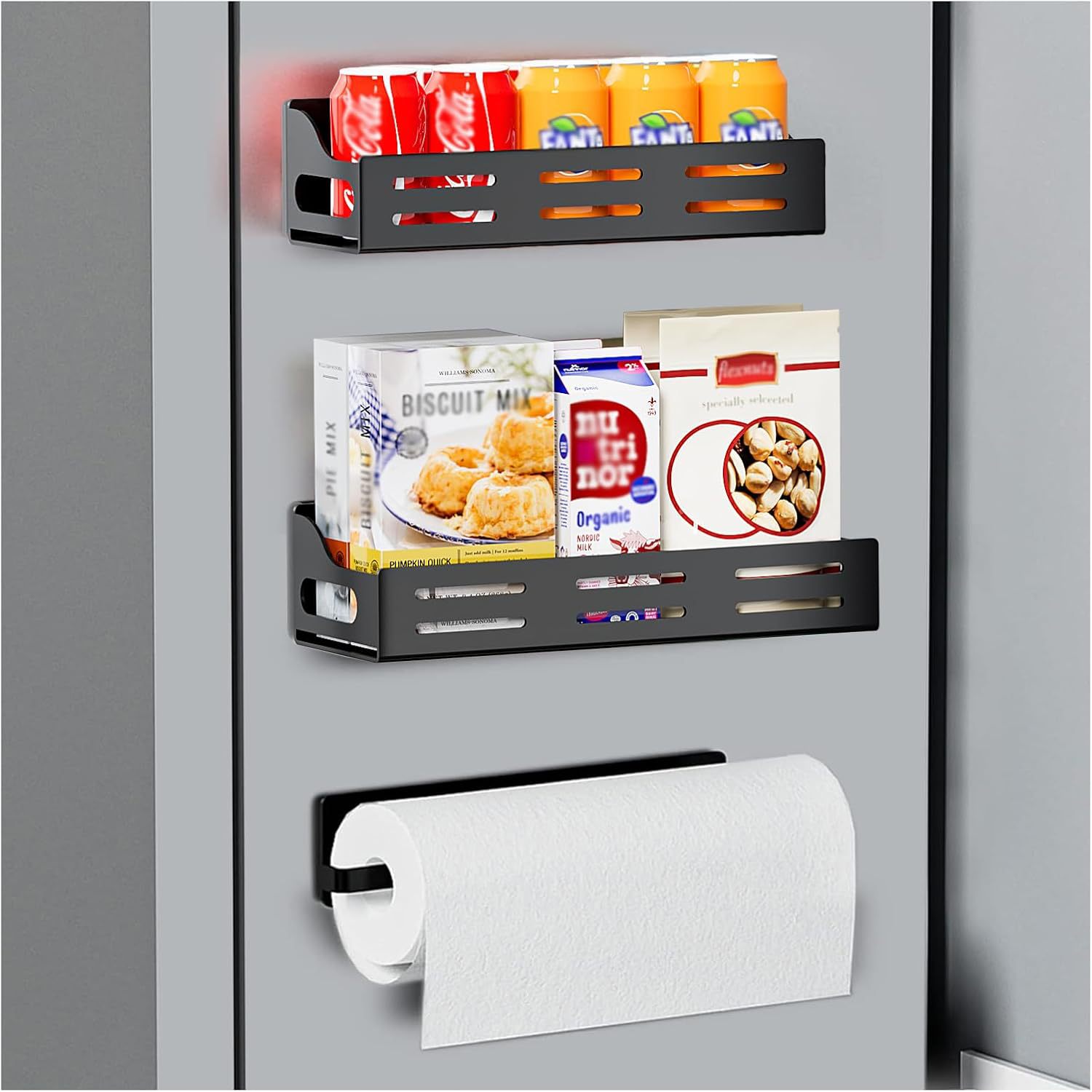 Kitchen storage rack, refrigerator side magnetic hook storage, storage box, paper towel, plastic wrap, no-drill, spice rack
