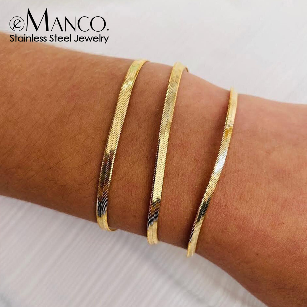 eManco Stainless Steel Snake Bone Chain Simple Bracelet Women Thin Flat Snake Chain Bracelet Couple Bracelet