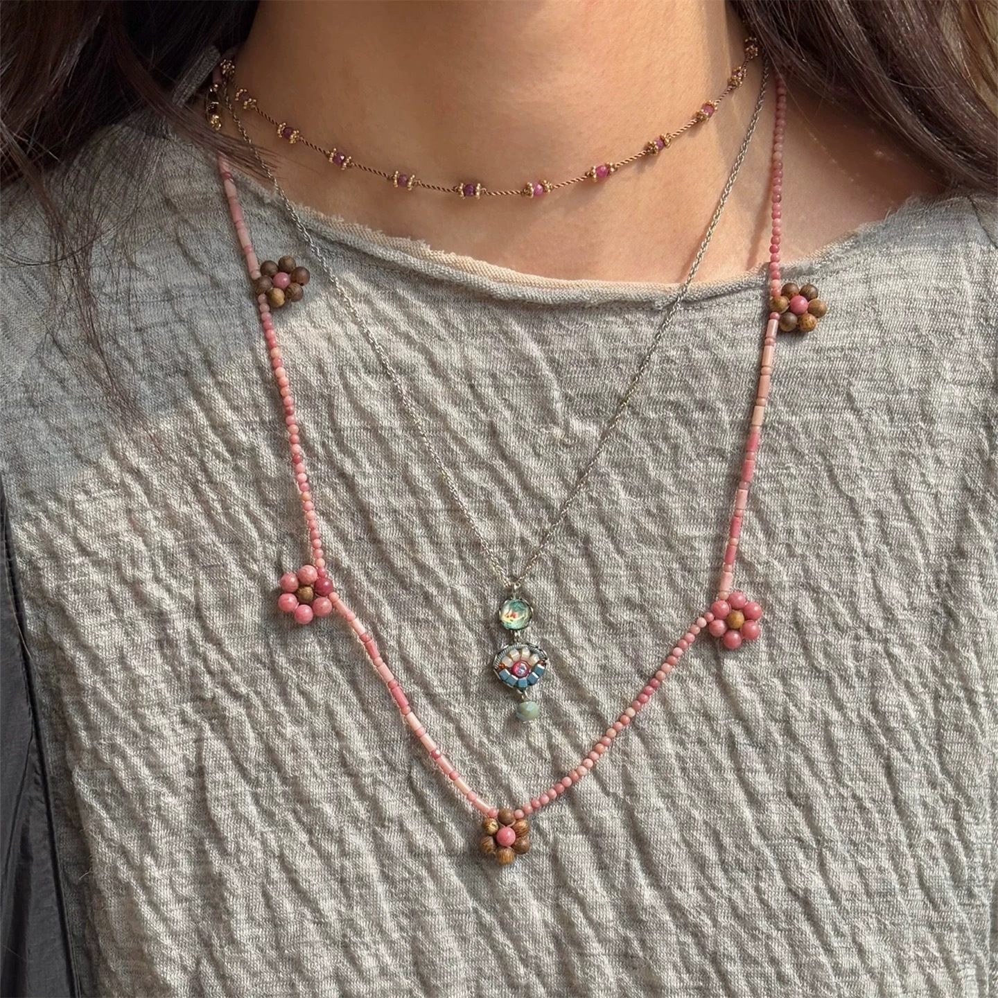 Spring Summer New Natural Agarwood Rhodochrosite Cherry Blossom Small Flower Pendant Choker Chain Sweater Chain