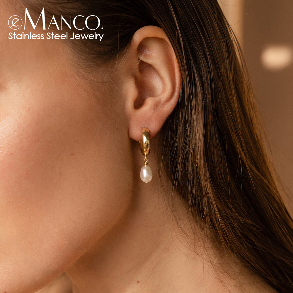 eManco 14K Gold Plated Freshwater Pearl Ear Hoop Women's Party Earrings Stainless Steel Accessories Jewelry