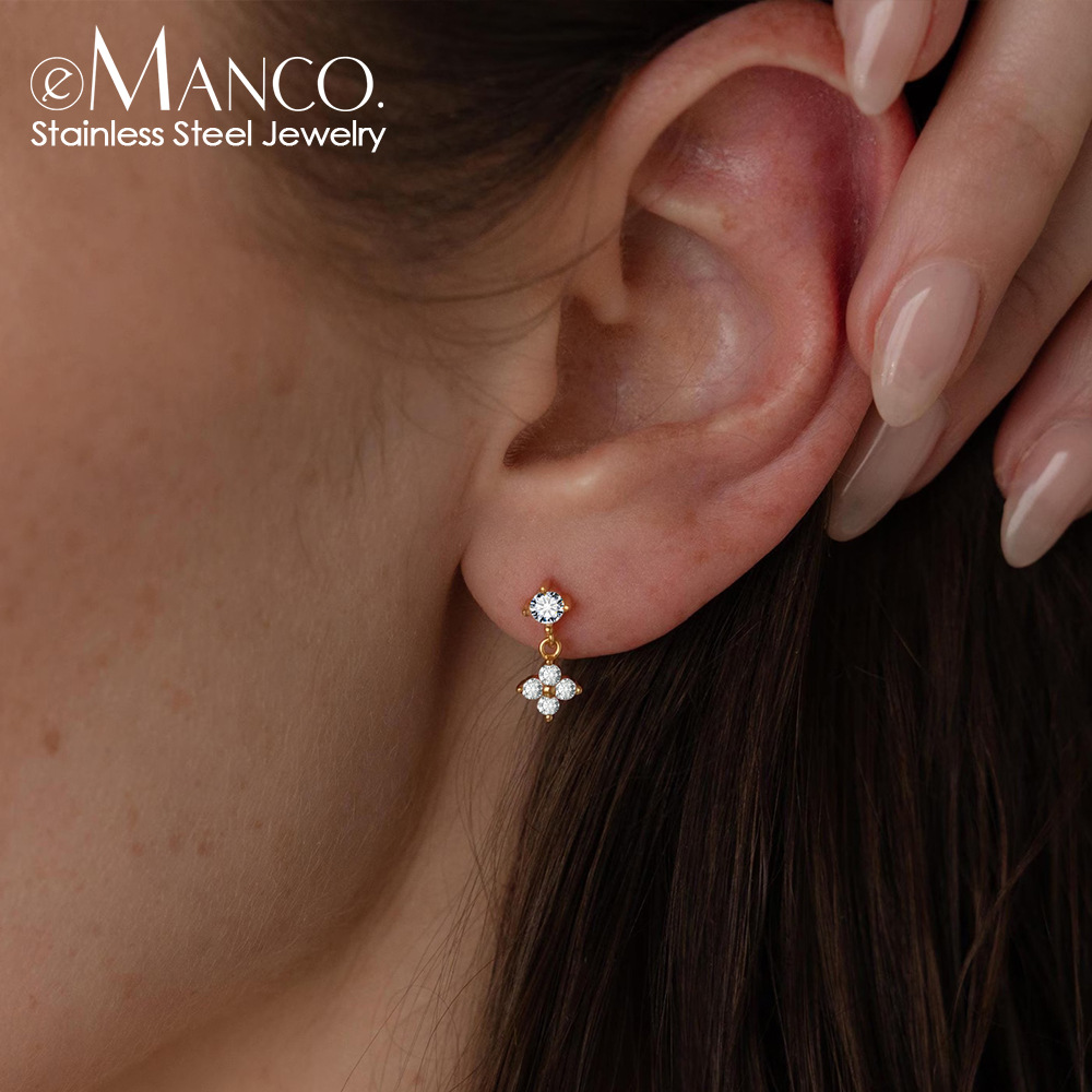 eManco Zircon Four-Leaf Clover Flower Ear Studs Women's Simple Zircon Flower Pendant Daily