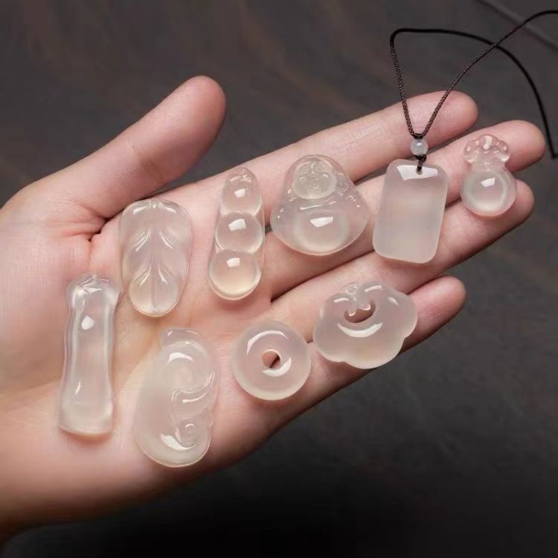 New Ice Seed Horse Material White Chalcedony Pendant Peace Button Auspicious Cloud Lock Ice Transparent No Event Pendant Live Broadcast