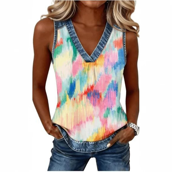 2026 New Women's V-Neck Sleeveless Colorful Print Women's Vest