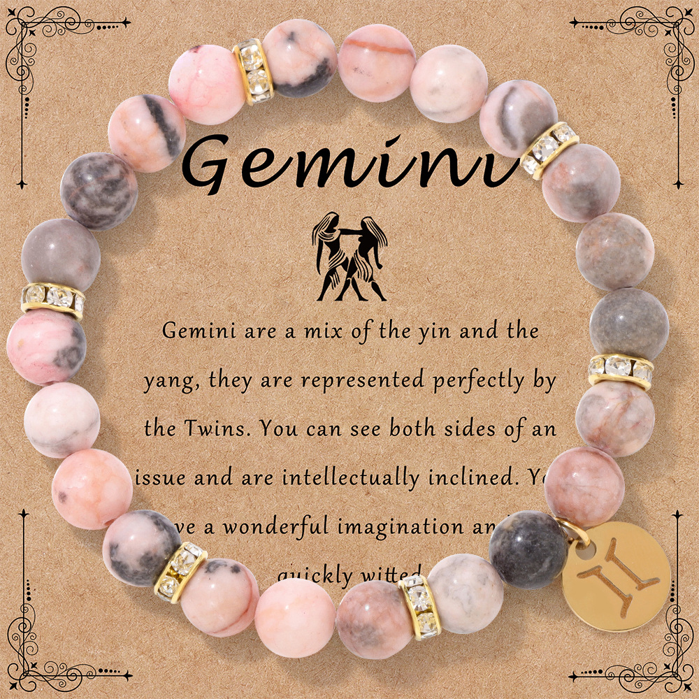 New twelve zodiac bracelet pink zebra stone beads elastic rope couple bracelet card pack birthday