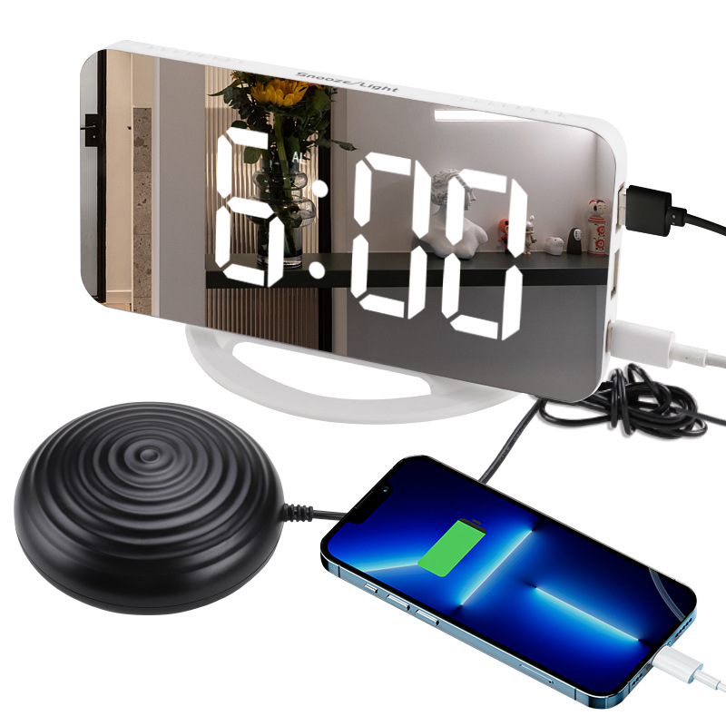 New LED vibrating alarm clock, mirror clock with USB charging, multifunctional electronic mirror digital clock