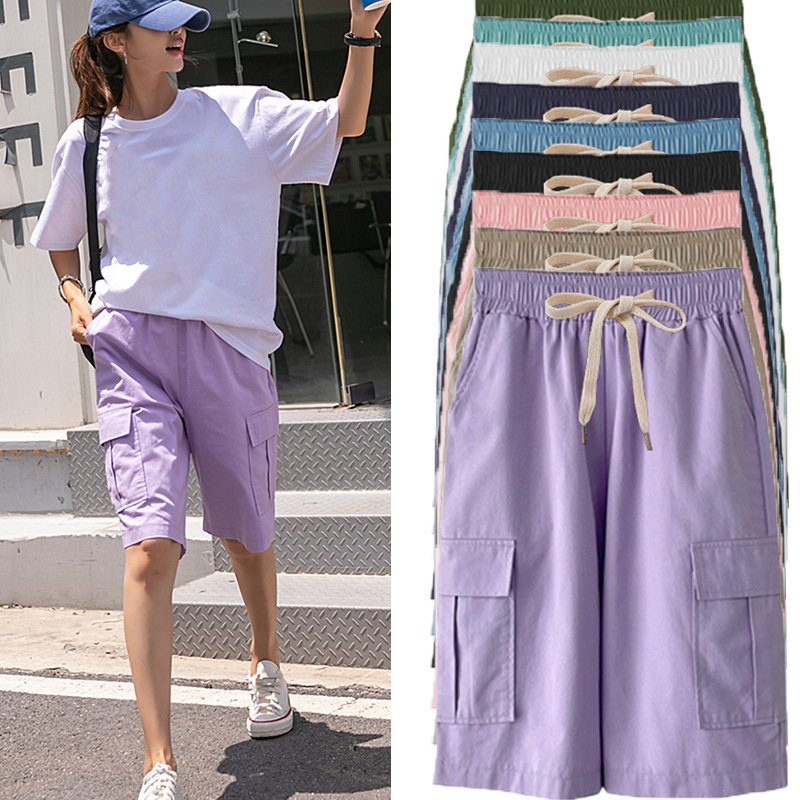 Plus size women summer thin high waist wide-leg 300 jin casual mid-length pants straight leg plus size elastic waist cargo pants five-tenths pants