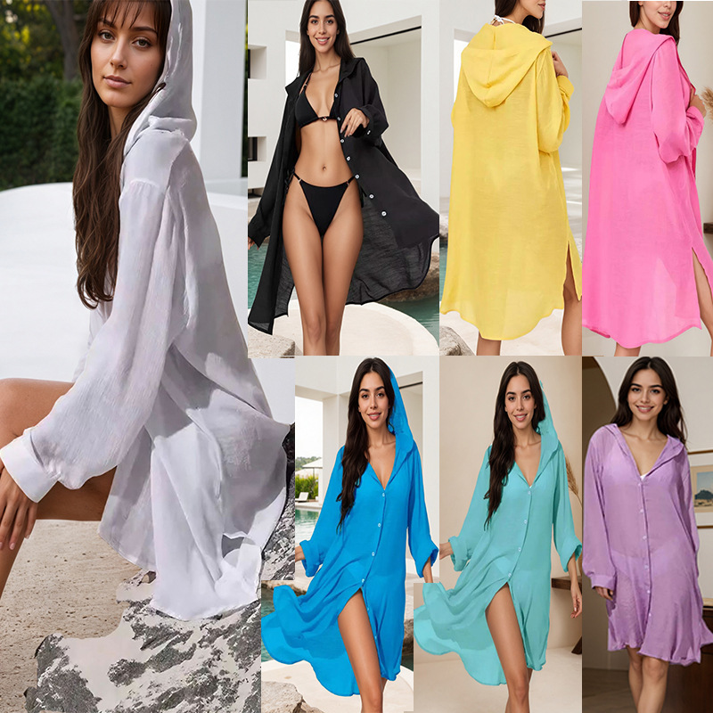 2025 New Beach Jacket Women Shirt Style Vacation Solid Color Cardigan Bikini Swimsuit Cover Up Sun Protection