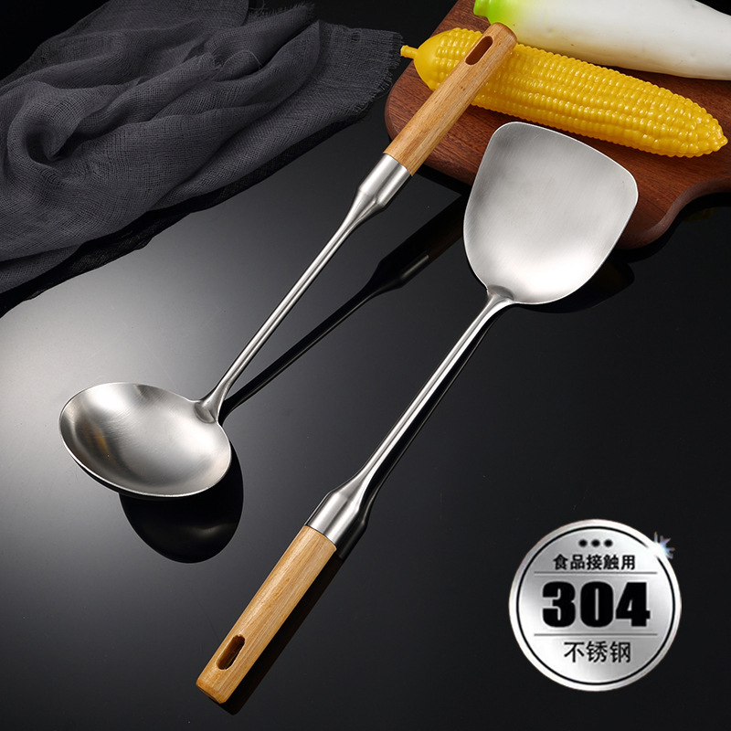 304 stainless steel spatula spoon beech wood wok spatula soup spoon anti-scald chef spoon spatula Shuangli wooden handle set long handle