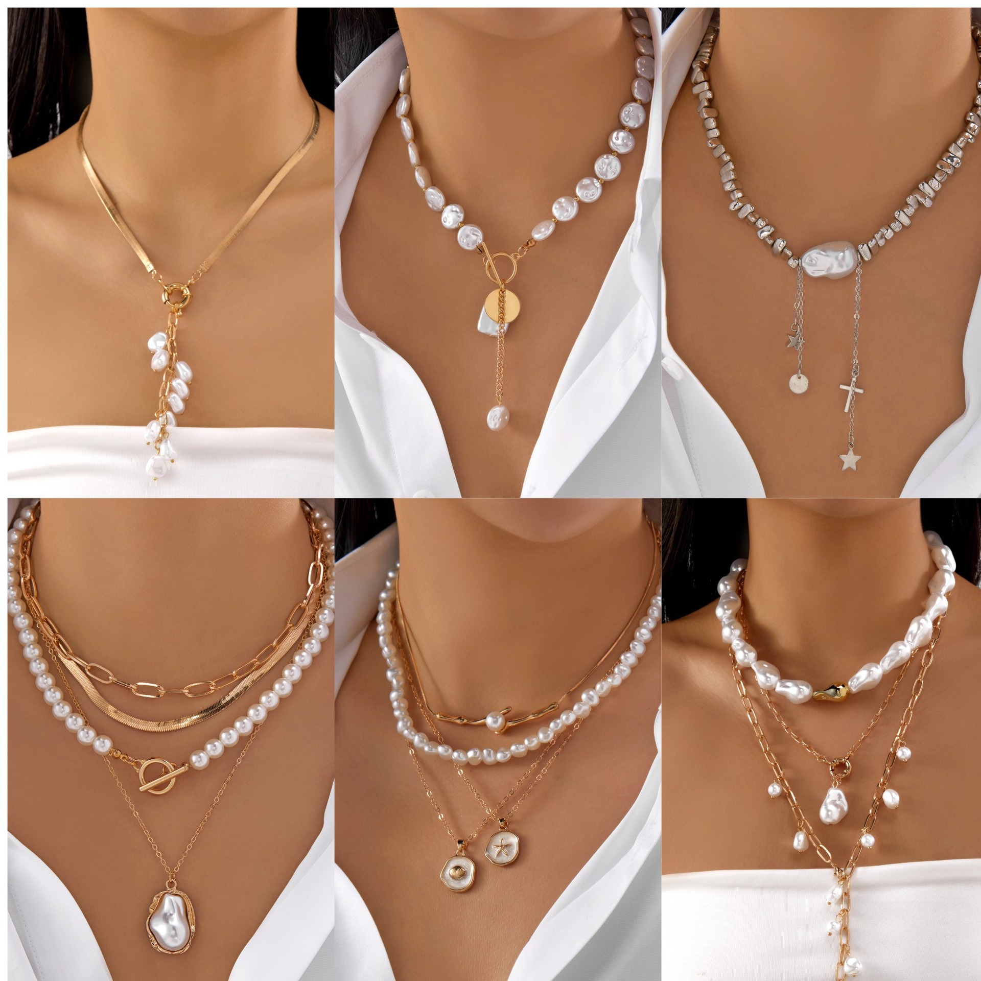 Women Necklace Baroque Palace Style Imitation Pearl Tassel Necklace Geometric Flat Snake Bone Necklace