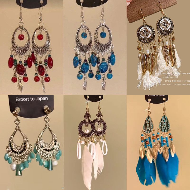 Ethnic Style Long Tassel Earrings Bohemian Face-Slimming Earrings Yunnan Sichuan West Travel Outfit Accessories