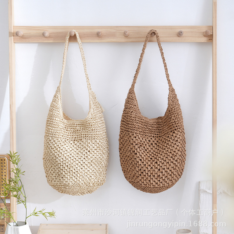 Woven bag for women, summer hollow straw woven bag, woven bucket bag, large capacity beach vacation style shoulder tote bag