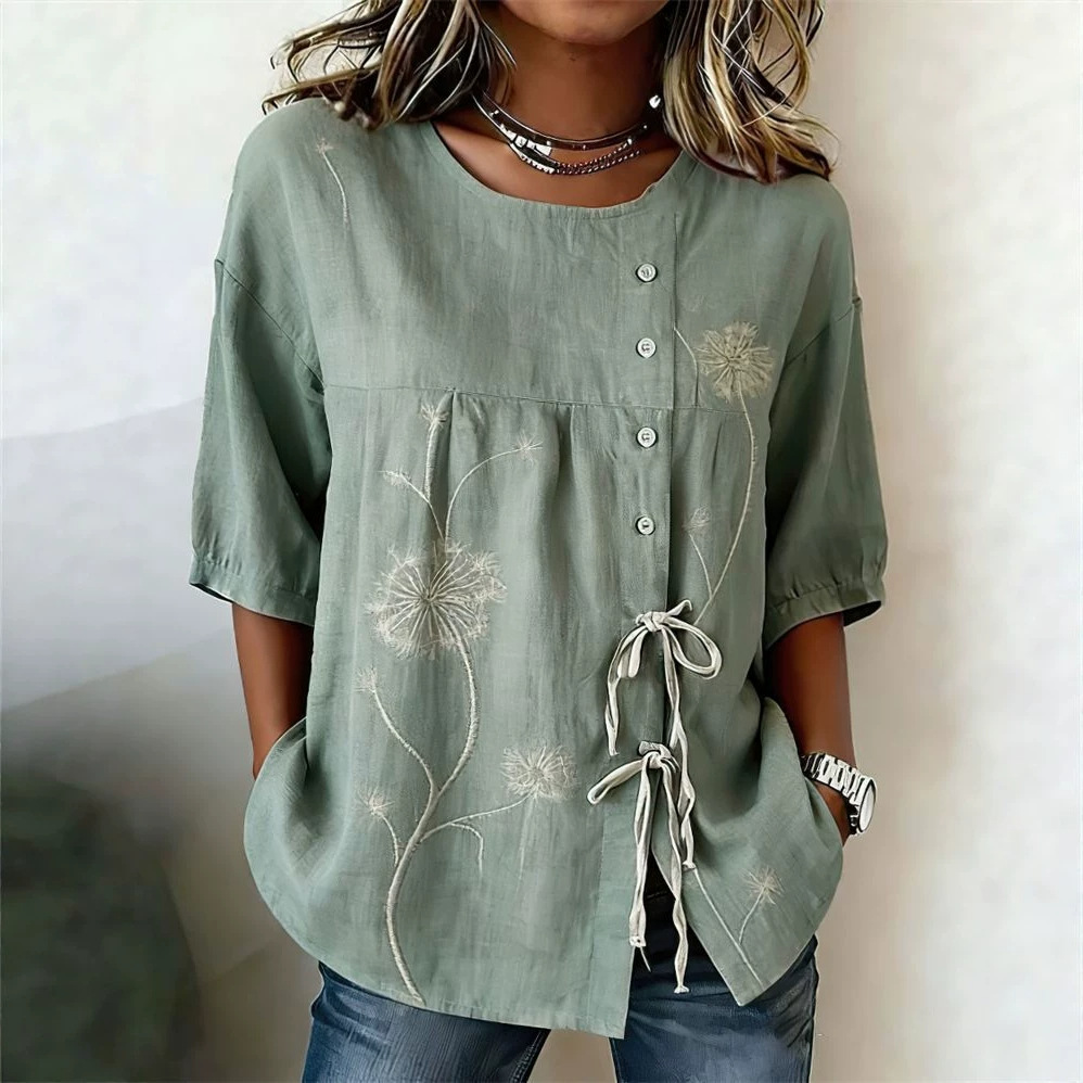 2026 New Style Printed Dandelion Loose Short Sleeve Blouse Women Tie Casual Top