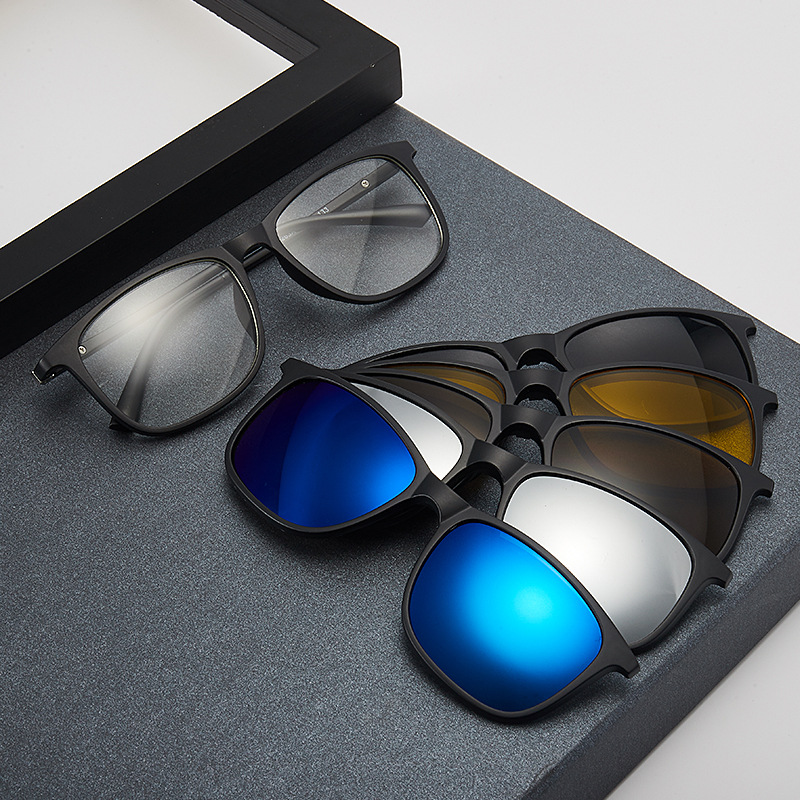 Polarized sunglasses for men and women, new TR90 frame, five-piece set, black night vision magnetic clip-on sunglasses