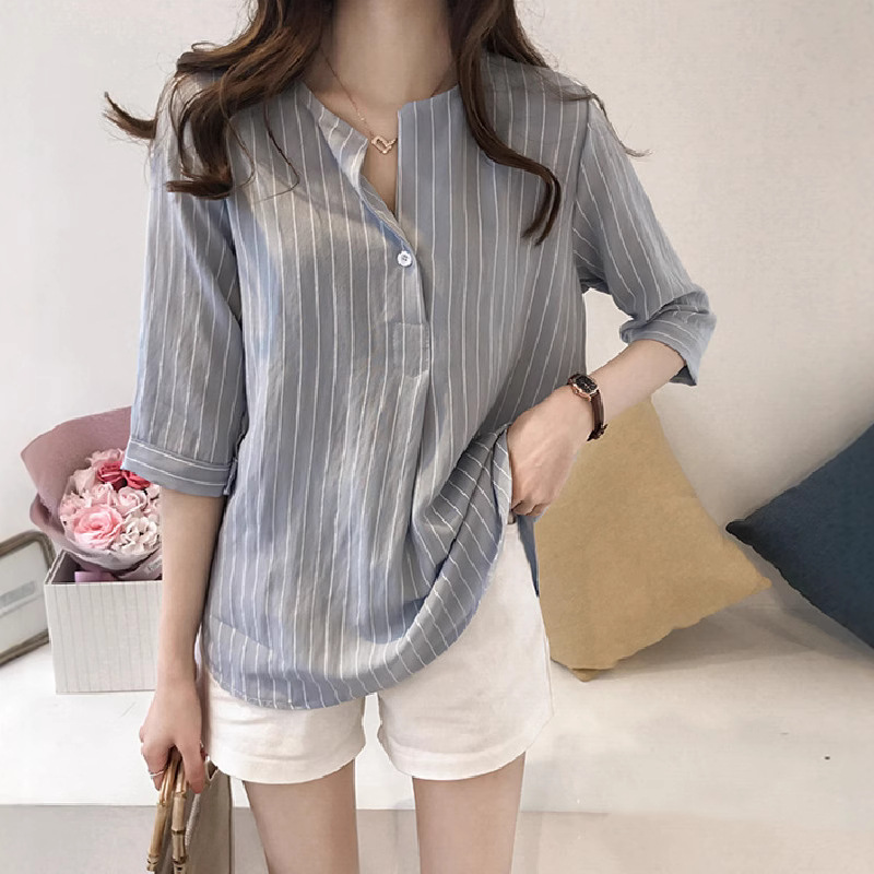 2023 Summer New Plus Size Round Neck Striped Shirt Women Seven-tenths Sleeve Top Loose Casual Blouse